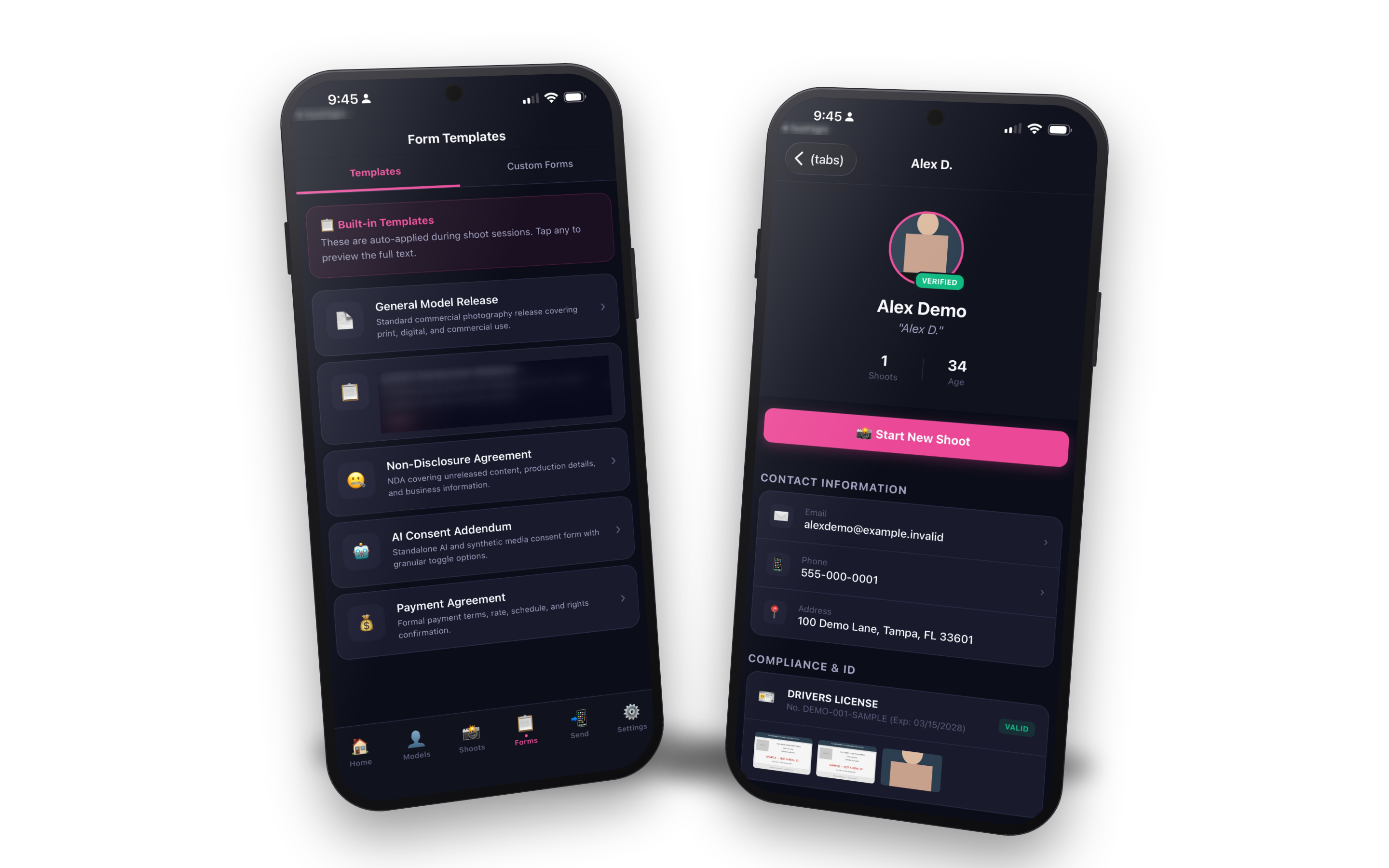 Model Release Pro on phones: a release being signed and an ID being checked.