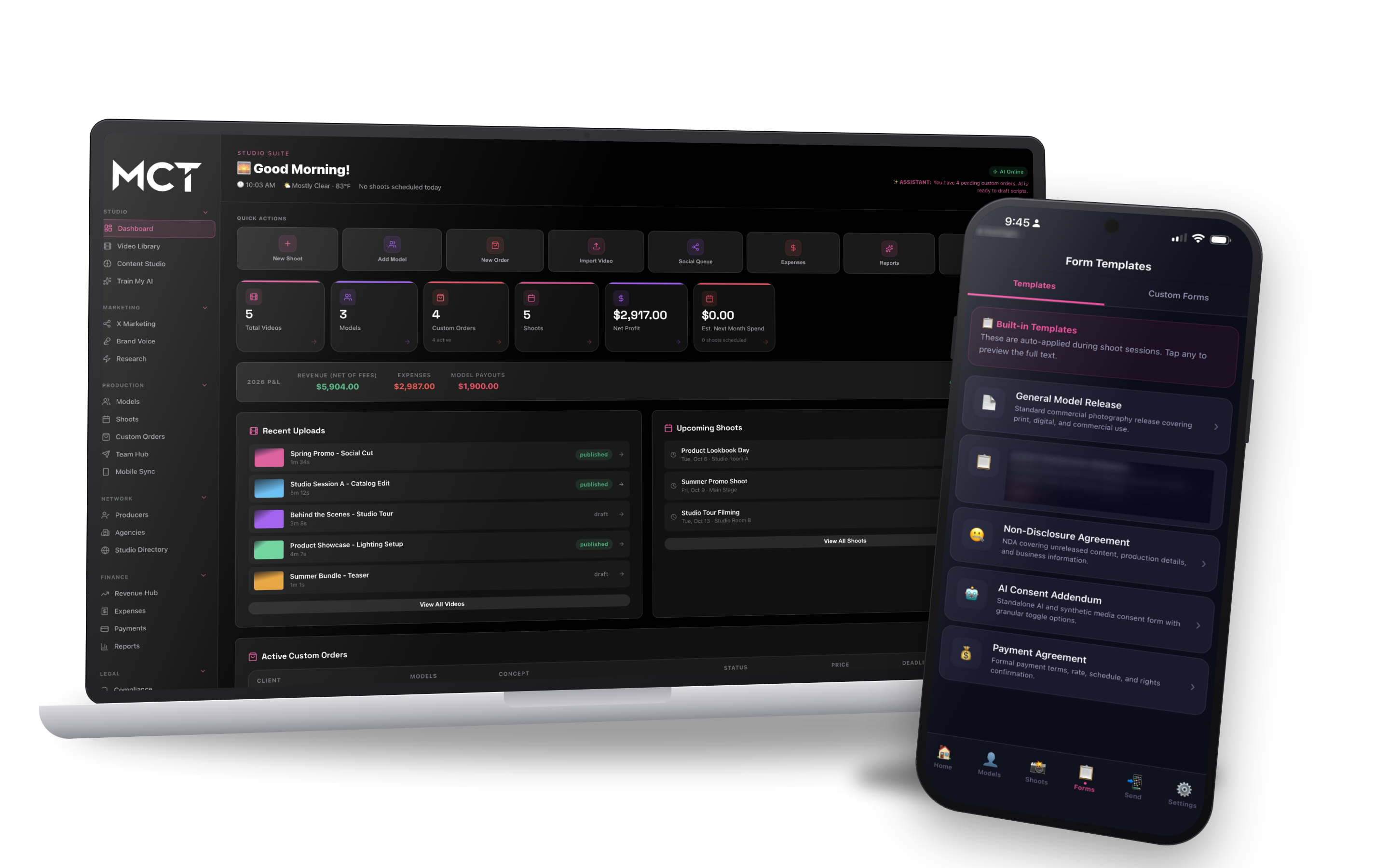 My Content Tools on a laptop showing the dashboard, with Model Release Pro on a phone tilted in front.